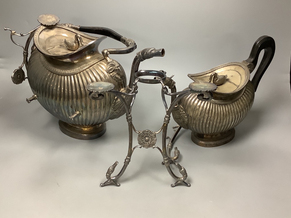 A late 19th century Dutch fluted white metal tea kettle, by Bonebakken & Zoon, with damaged stand and a later similar teapot